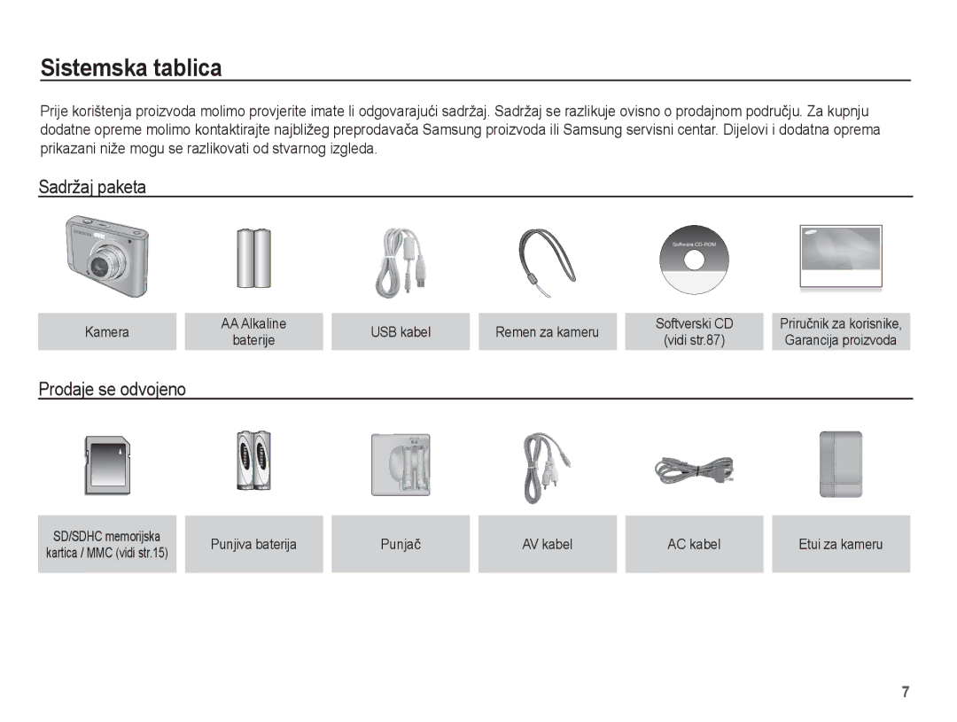 Samsung EC-ES20ZZBAPE3, EC-ES20ZZBASE3, EC-ES20ZZBABE3 manual Sistemska tablica, Sadržaj paketa, Prodaje se odvojeno 