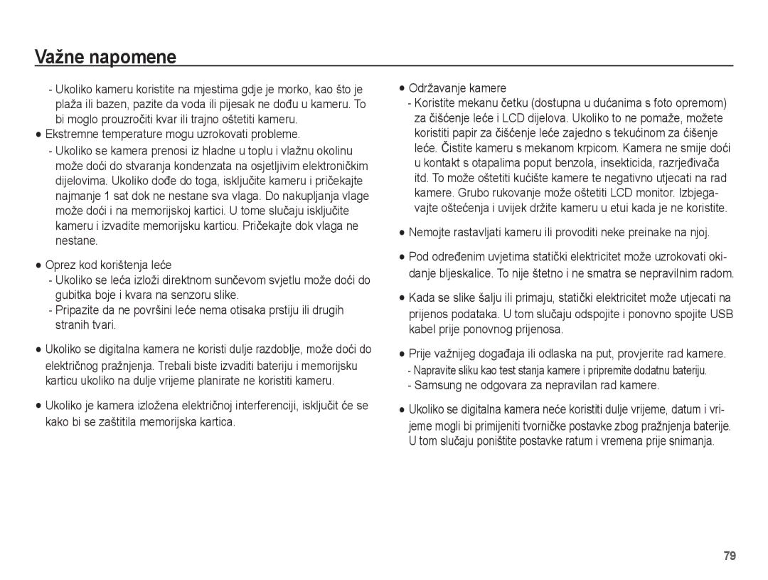 Samsung EC-ES20ZZBAPE3 manual Ekstremne temperature mogu uzrokovati probleme, Samsung ne odgovara za nepravilan rad kamere 