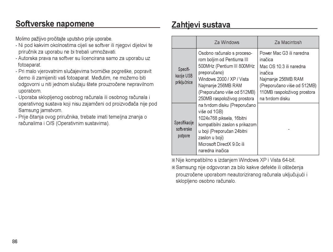 Samsung EC-ES20ZZBAWE3 manual Softverske napomene, Zahtjevi sustava, Molimo pažljivo proþitajte uputstvo prije uporabe 