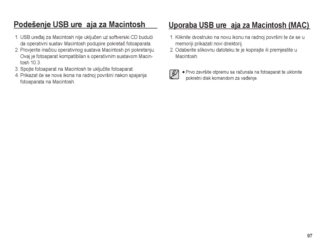 Samsung EC-ES20ZZBABE3, EC-ES20ZZBAPE3 manual Podešenje USB ureÿaja za Macintosh, Uporaba USB ureÿaja za Macintosh MAC 