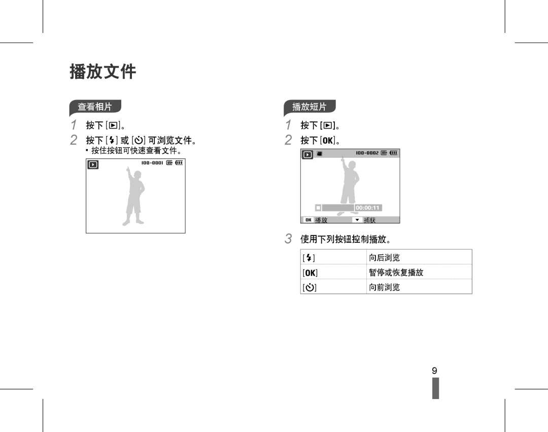 Samsung EC-ES20ZZBAWE3, EC-ES20ZZBAPIT, EC-ES20ZZBAPE3, EC-ES20ZZBASE3 manual 播放文件, 按住按钮可快速查看文件。, 向后浏览, 暂停或恢复播放, 向前浏览 