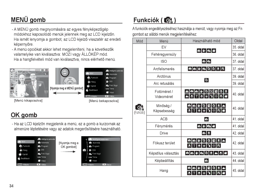 Samsung EC-ES20ZZBAPIT, EC-ES20ZZBAPE3 manual Menü gomb, OK gomb, Funkciók, Gombot az alábbi menük megjelenítéséhez 