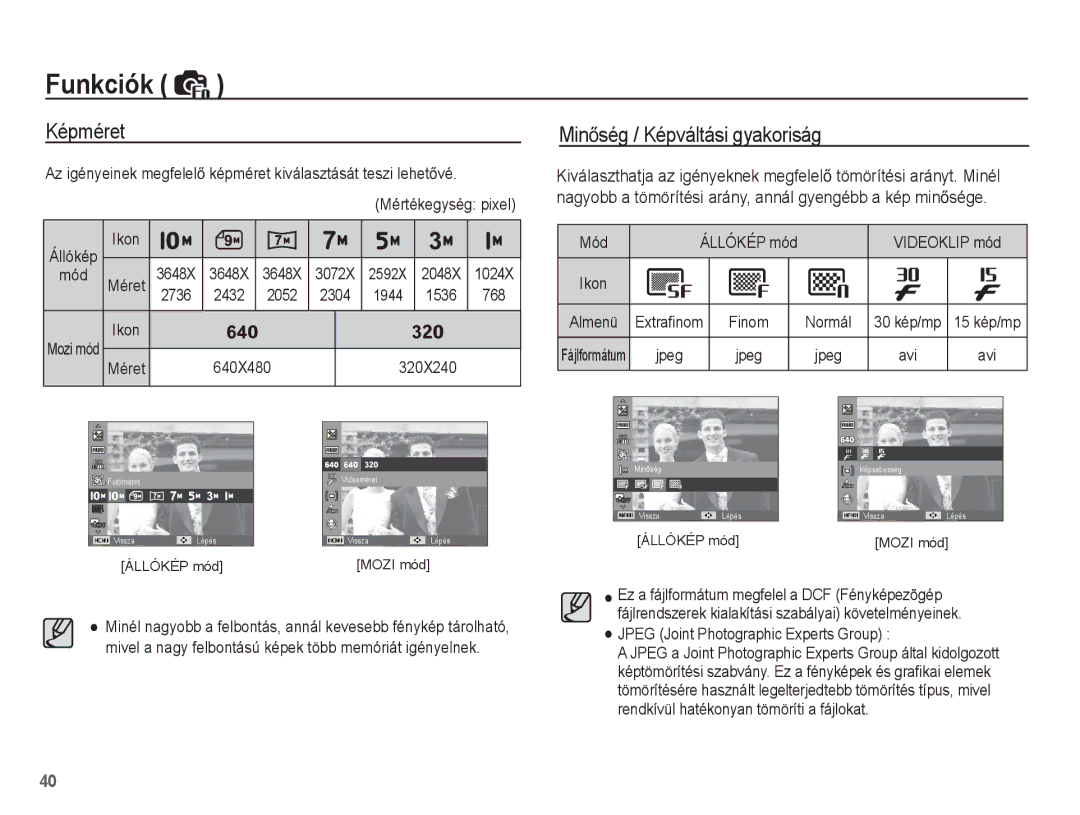 Samsung EC-ES20ZZBAPE3, EC-ES20ZZBAPIT, EC-ES20ZZBASE3, EC-ES20ZZBABE3 manual Képméret MinĘség / Képváltási gyakoriság 