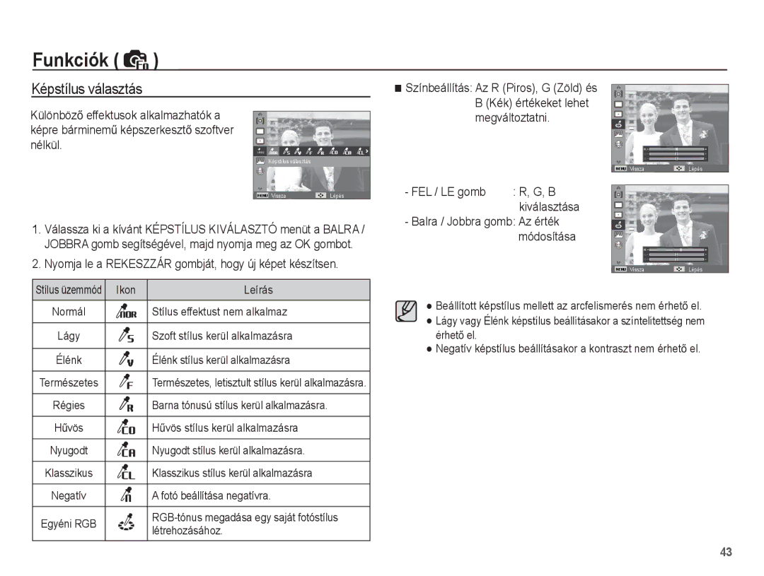 Samsung EC-ES20ZZBAWE3 manual Képstílus választás, Nyomja le a Rekeszzár gombját, hogy új képet készítsen, FEL / LE gomb 