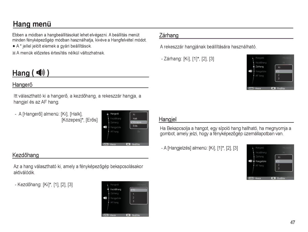 Samsung EC-ES20ZZBABE3, EC-ES20ZZBAPIT, EC-ES20ZZBAPE3, EC-ES20ZZBASE3, EC-ES20ZZBAWE3 manual Hang menü, Hang  