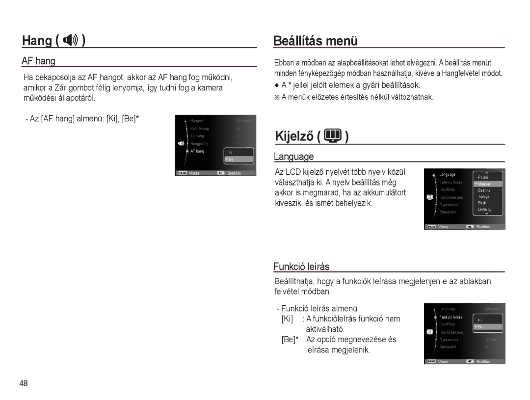 Samsung EC-ES20ZZBAWE3, EC-ES20ZZBAPIT, EC-ES20ZZBAPE3 manual Beállítás menü, KijelzĘ, AF hang, Language, Funkció leírás 