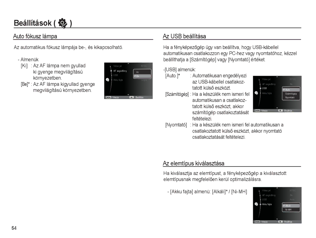 Samsung EC-ES20ZZBAPIT, EC-ES20ZZBAPE3, EC-ES20ZZBASE3 manual Auto fókusz lámpa, Az USB beállítása, Az elemtípus kiválasztása 
