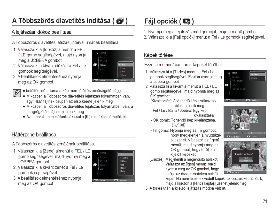 Samsung EC-ES20ZZBASE3 manual Többszörös diavetítés indítása  Fájl opciók, Lejátszási idĘköz beállítása, Képek törlése 