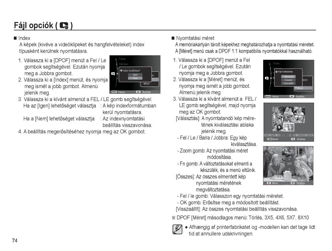 Samsung EC-ES20ZZBAPIT manual Index, Jelenik meg, Kerül nyomtatásra, Az indexnyomtatási, Válassza ki a Méret menüt, és 