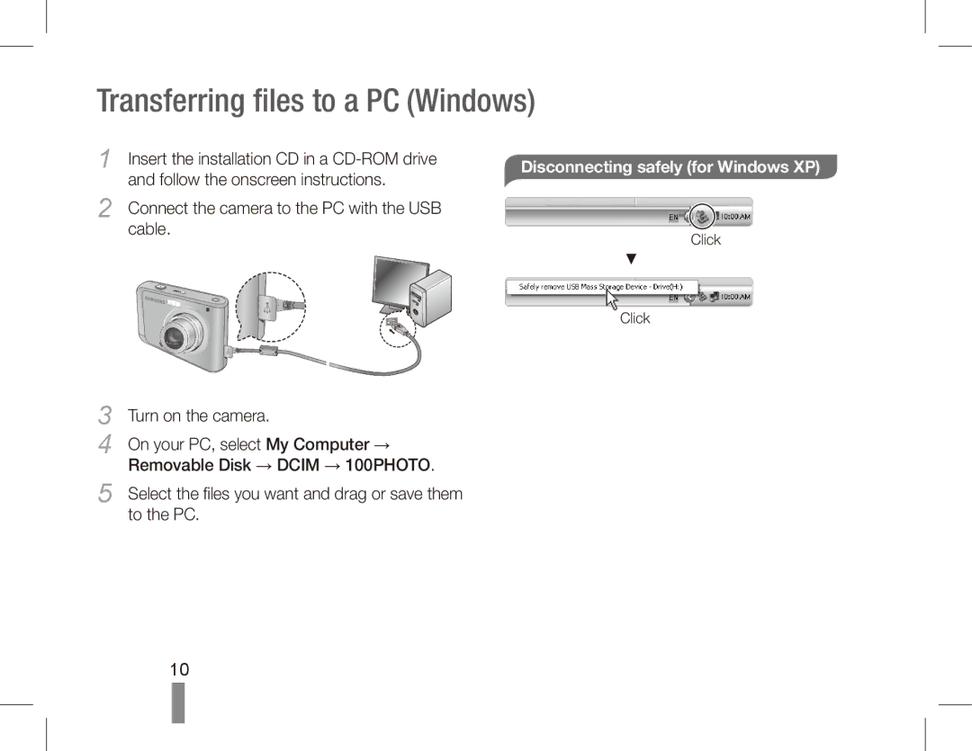 Samsung EC-ES20ZZDASME manual Transferring files to a PC Windows, Disconnecting safely for Windows XP, Turn on the camera 