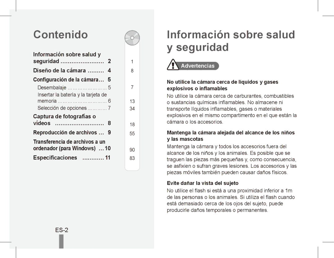 Samsung EC-ES20ZZBASE3 manual Contenido, Información sobre salud y seguridad, Información sobre salud y Seguridad……………………… 