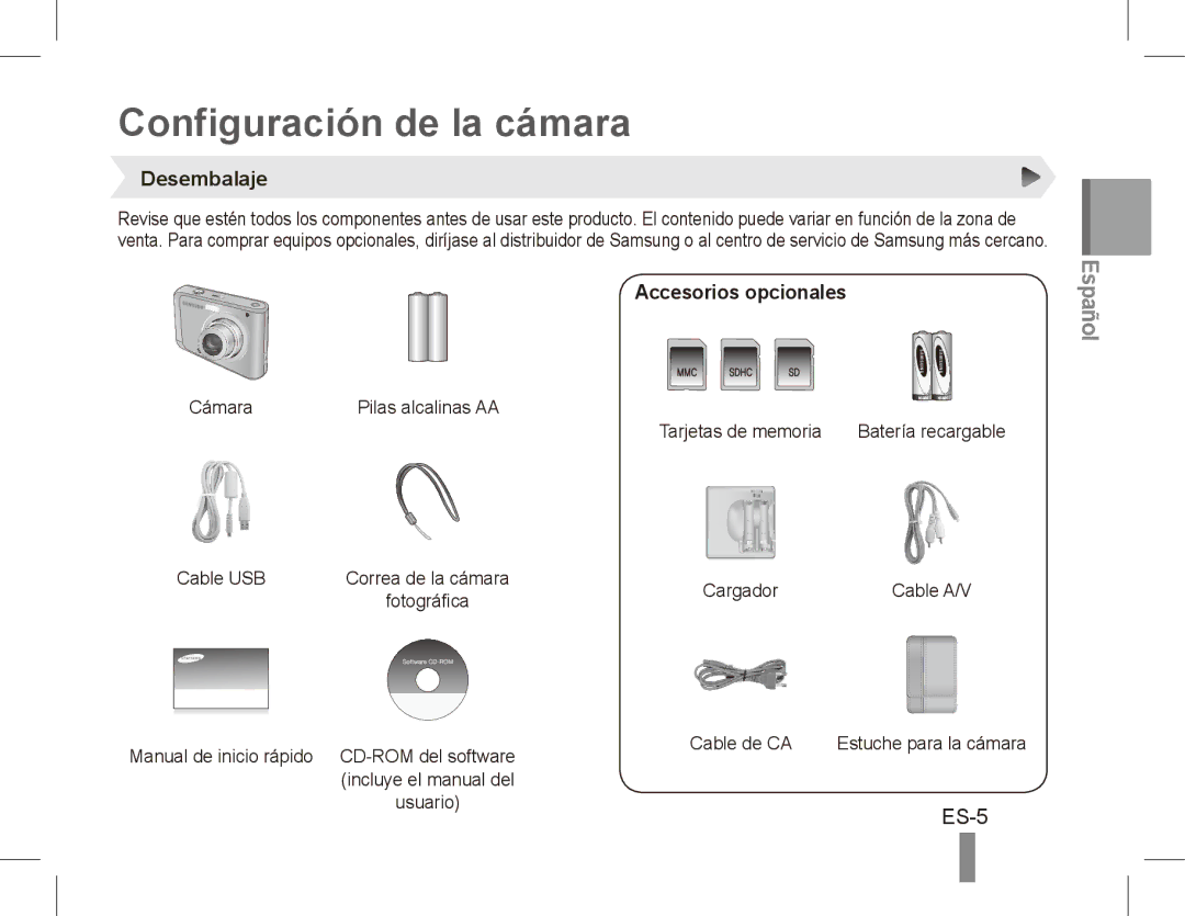 Samsung EC-ES20ZZBABE2, EC-ES20ZZBASFR, EC-ES20ZZBABE1 manual Configuración de la cámara, Desembalaje, Accesorios opcionales 