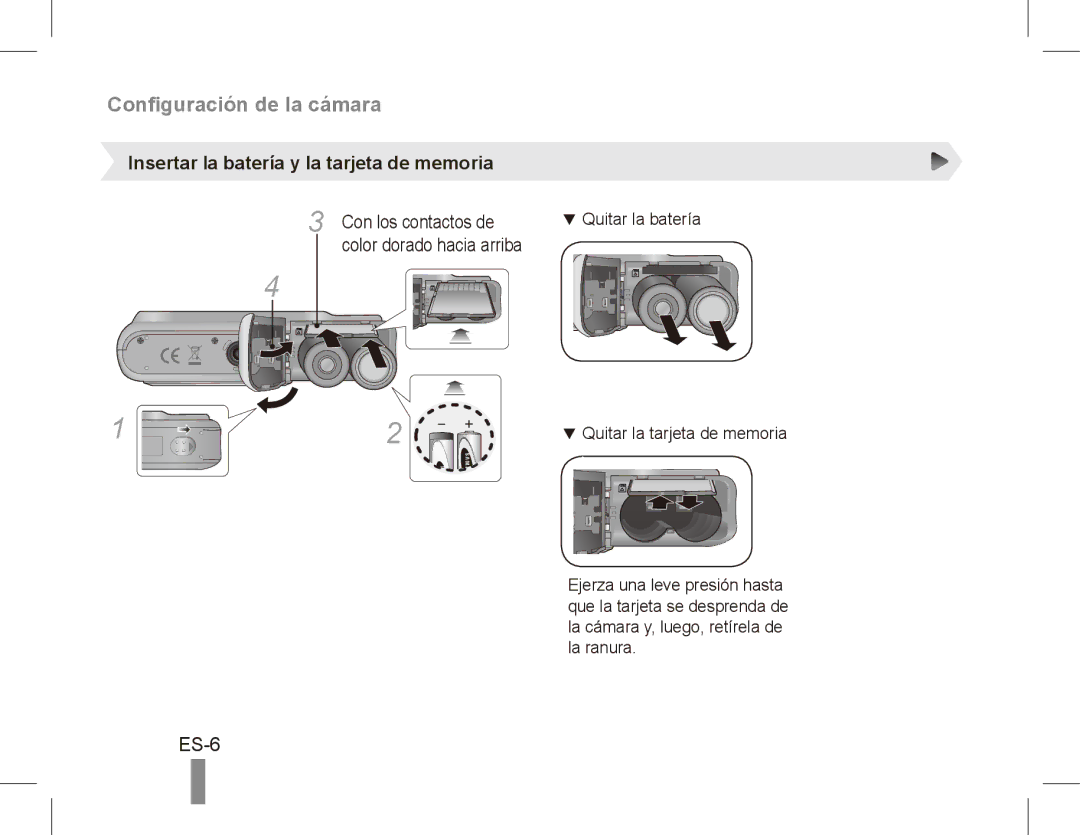 Samsung EC-ES20ZZBASE2, EC-ES20ZZBASFR, EC-ES20ZZBABE1 Insertar la batería y la tarjeta de memoria, Con los contactos de 