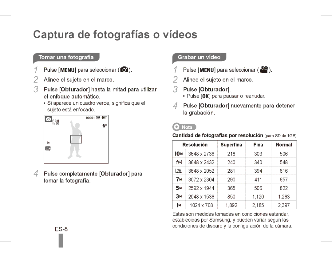 Samsung EC-ES20ZZBAWE2, EC-ES20ZZBASFR, EC-ES20ZZBABE1, EC-ES20ZZBABFR, EC-ES20ZZBAWIT manual Captura de fotografías o vídeos 