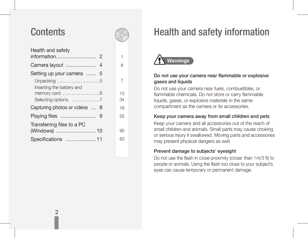 Samsung EC-ES20ZZBABFR, EC-ES20ZZBASFR, EC-ES20ZZBABE1, EC-ES20ZZBAWIT manual Contents, Health and safety information 