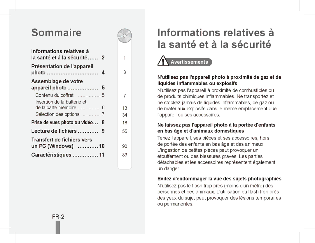 Samsung EC-ES20ZZBAPRU, EC-ES20ZZBASFR manual Sommaire, Informations relatives à la santé et à la sécurité, Avertissements 