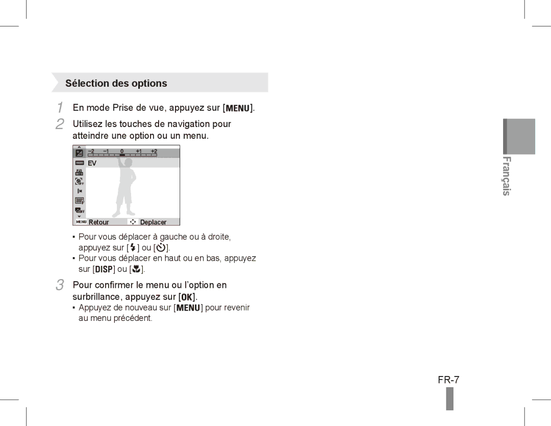 Samsung EC-ES20ZZBAPIT manual En mode Prise de vue, appuyez sur, Atteindre une option ou un menu, Surbrillance, appuyez sur 