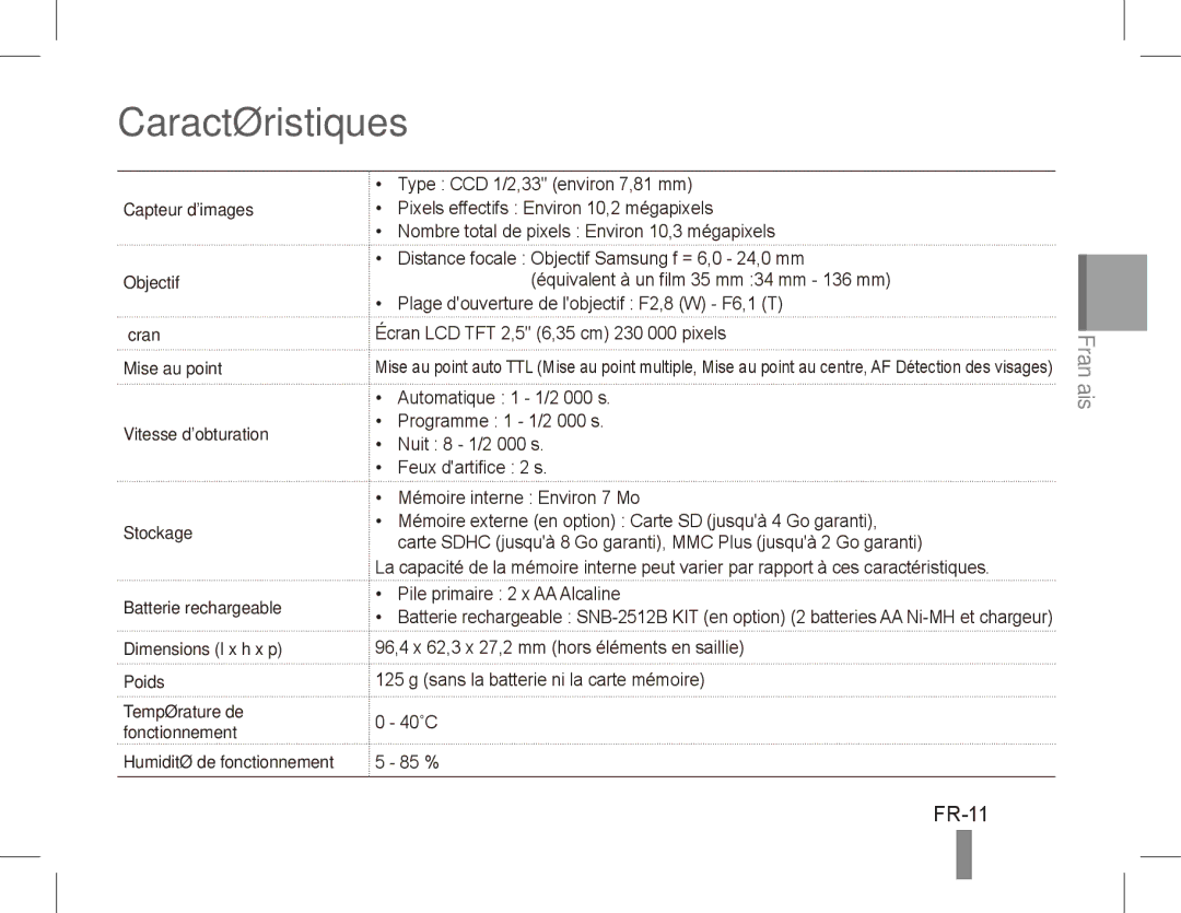 Samsung EC-ES20ZZDABME, EC-ES20ZZBASFR, EC-ES20ZZBABE1, EC-ES20ZZBABFR, EC-ES20ZZBAWIT, EC-ES20ZZBAPIT Caractéristiques, FR-11 