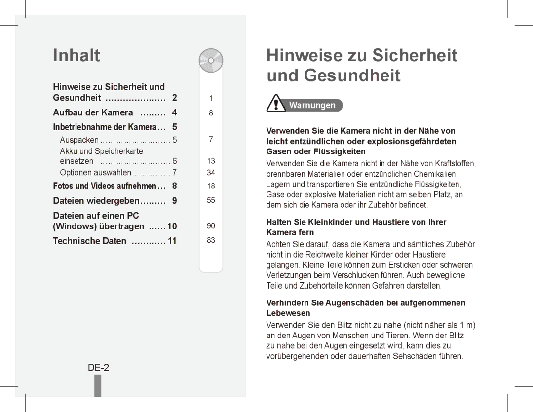 Samsung EC-ES20ZZBASE3 manual Inhalt, Hinweise zu Sicherheit und Gesundheit, Gesundheit… ………………… Aufbau der Kamera… ……… 