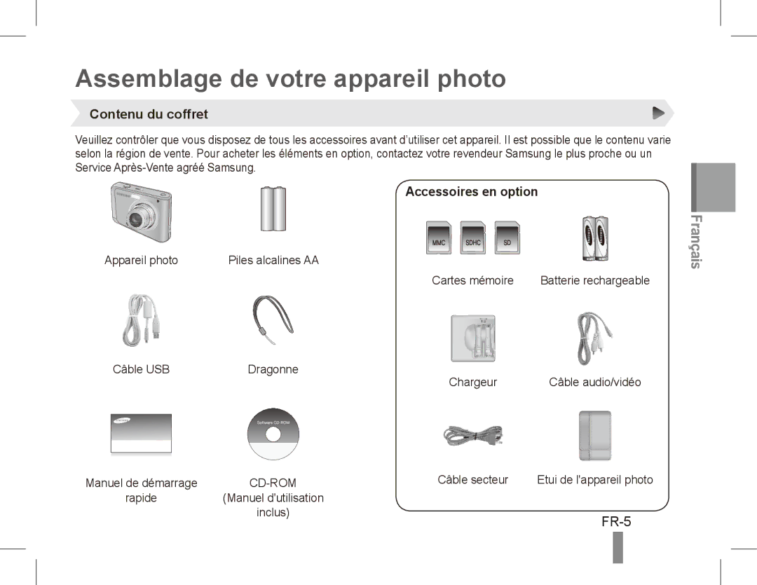 Samsung EC-ES20ZZBABFR, EC-ES20ZZBASFR manual Assemblage de votre appareil photo, Contenu du coffret, Accessoires en option 