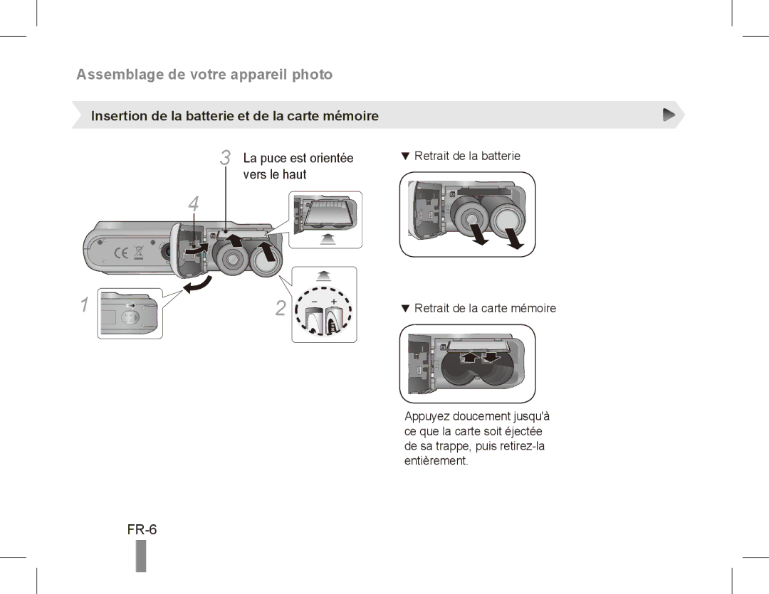 Samsung EC-ES20ZZBAWIT, EC-ES20ZZBASFR, EC-ES20ZZBABE1 manual Insertion de la batterie et de la carte mémoire, Vers le haut 