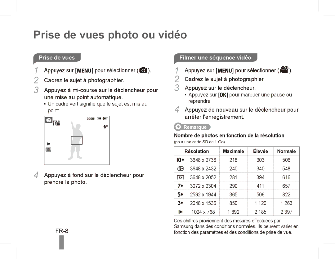 Samsung EC-ES20ZZBASIT, EC-ES20ZZBASFR, EC-ES20ZZBABE1, EC-ES20ZZBABFR, EC-ES20ZZBAWIT manual Prise de vues photo ou vidéo 