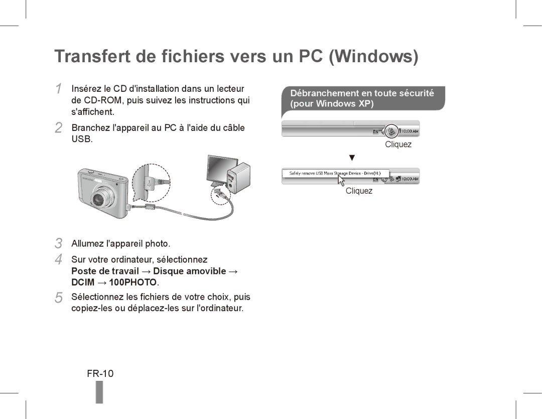 Samsung EC-ES20ZZBABSA, EC-ES20ZZBASFR manual Transfert de fichiers vers un PC Windows, Saffichent, Allumez lappareil photo 