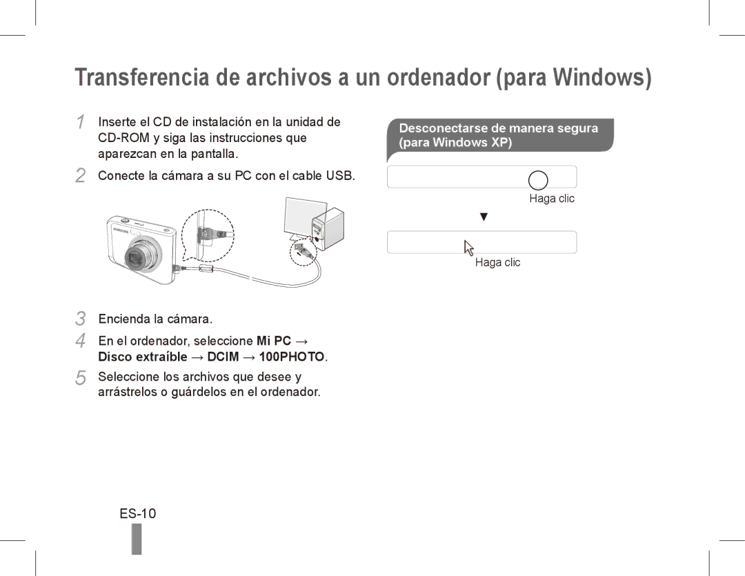 Samsung EC-ES20ZZBAPE2, EC-ES20ZZBASFR, EC-ES20ZZBABE1, EC-ES20ZZBABFR, EC-ES20ZZBAWIT, EC-ES20ZZBAPIT manual Para Windows XP 