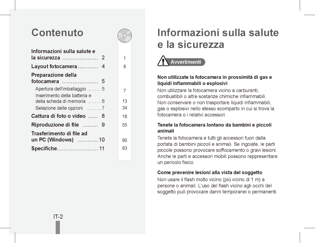 Samsung EC-ES20ZZBAWRU manual Contenuto, Informazioni sulla salute e la sicurezza, Specifiche……………………, Avvertimenti 