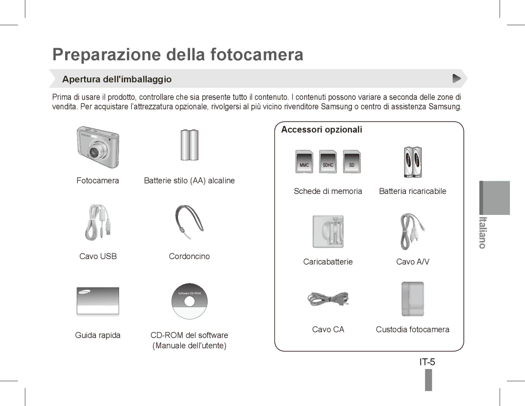 Samsung EC-ES20ZZBAPRU, EC-ES20ZZBASFR manual Preparazione della fotocamera, Apertura dellimballaggio, Accessori opzionali 