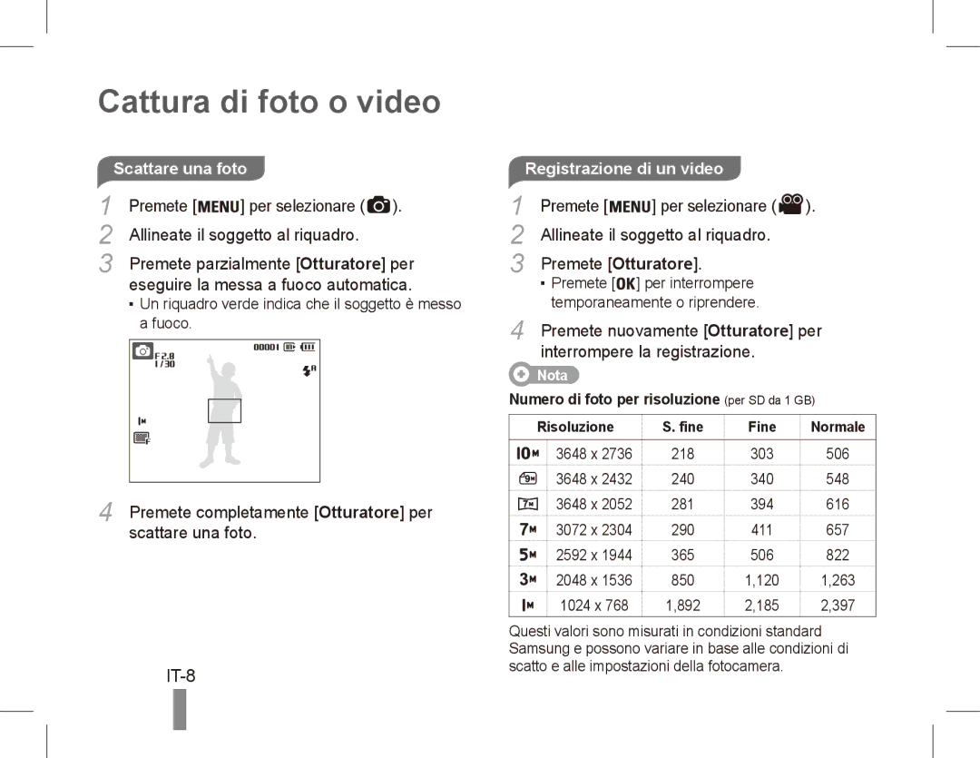 Samsung EC-ES20ZZBABFR Cattura di foto o video, Scattare una foto, Premete Otturatore, Interrompere la registrazione 