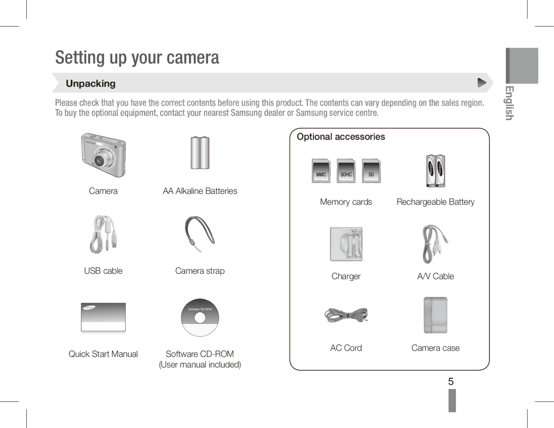 Samsung EC-ES20ZZBASIT, EC-ES20ZZBASFR, EC-ES20ZZBABE1, EC-ES20ZZBABFR, EC-ES20ZZBAWIT manual Unpacking, Optional accessories 