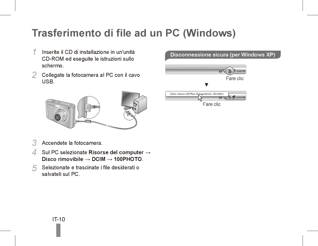 Samsung EC-ES20ZZBAPIT, EC-ES20ZZBASFR manual Trasferimento di file ad un PC Windows, Disco rimovibile → Dcim → 100PHOTO 