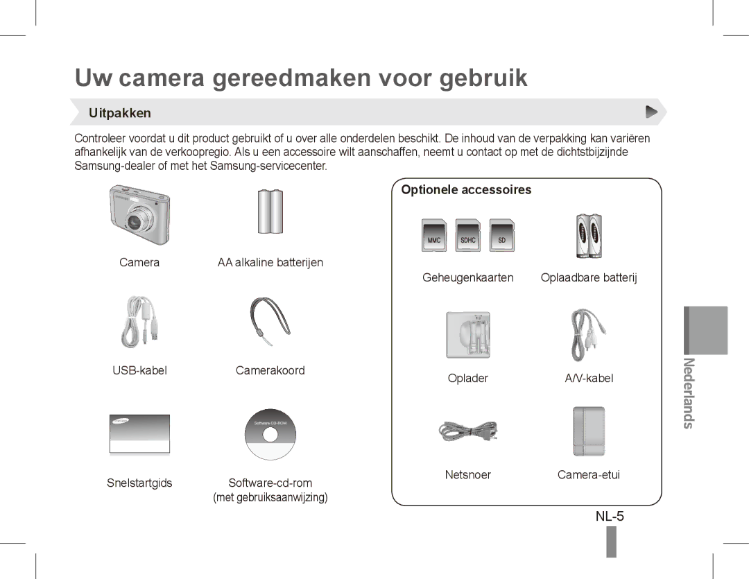 Samsung EC-ES20ZZBASSA, EC-ES20ZZBASFR, EC-ES20ZZBABE1 Uw camera gereedmaken voor gebruik, Uitpakken, Optionele accessoires 