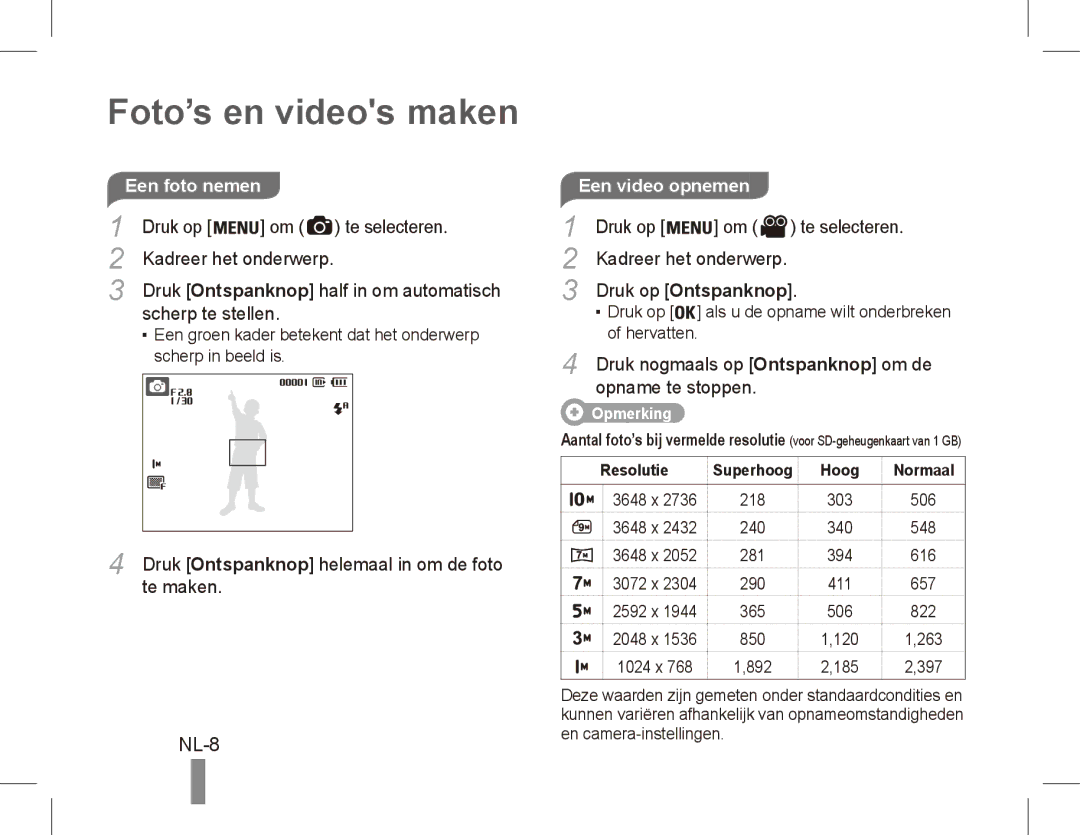 Samsung EC-ES20ZZBASE3, EC-ES20ZZBASFR Foto’s en videos maken, Een foto nemen, Druk op, Te maken, Resolutie Superhoog Hoog 