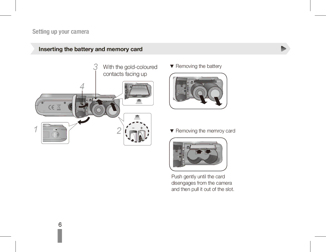 Samsung EC-ES20ZZBABIT, EC-ES20ZZBASFR Inserting the battery and memory card, With the gold-coloured, Contacts facing up 