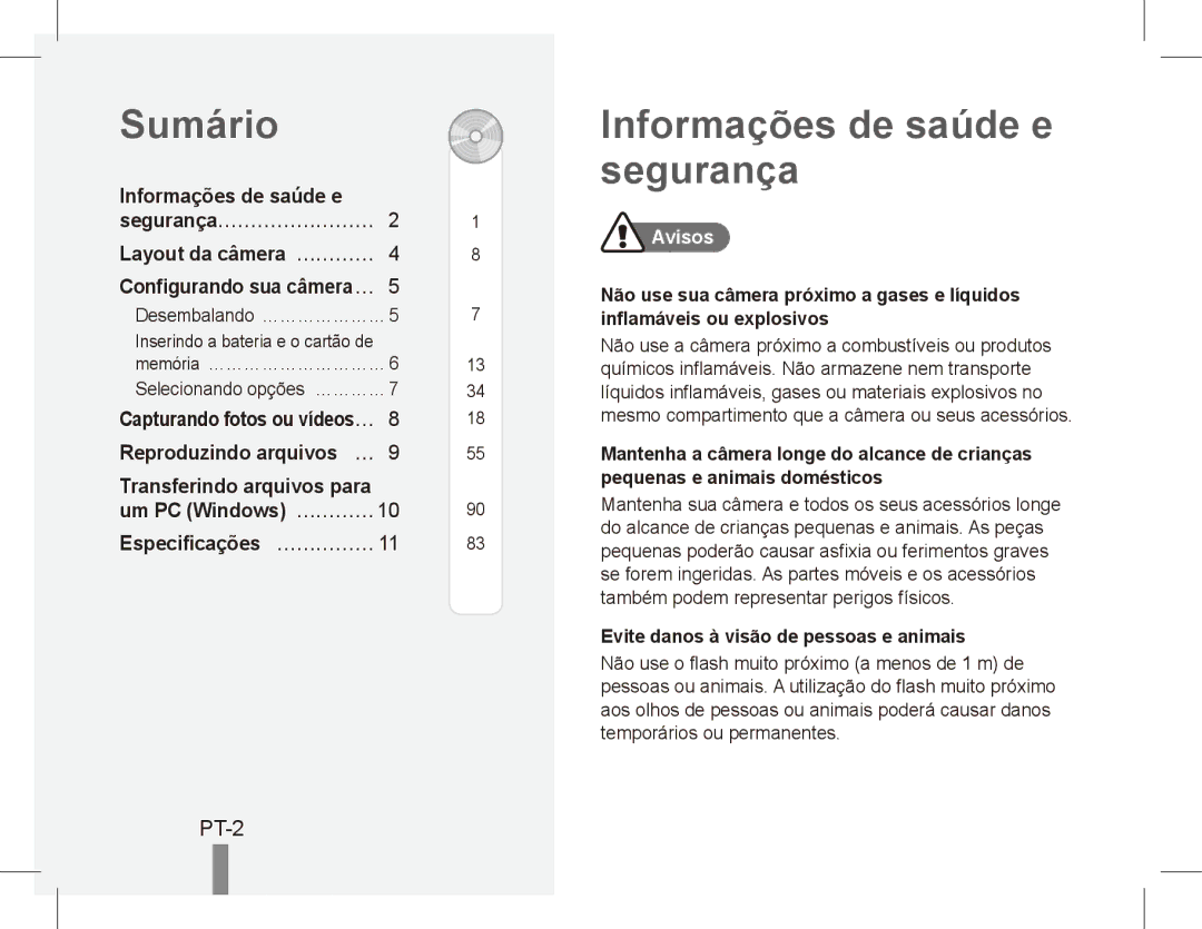 Samsung EC-ES20ZZBASE2 Sumário, Informações de saúde e segurança, Layout da câmera… ………… Configurando sua câmera……, Avisos 