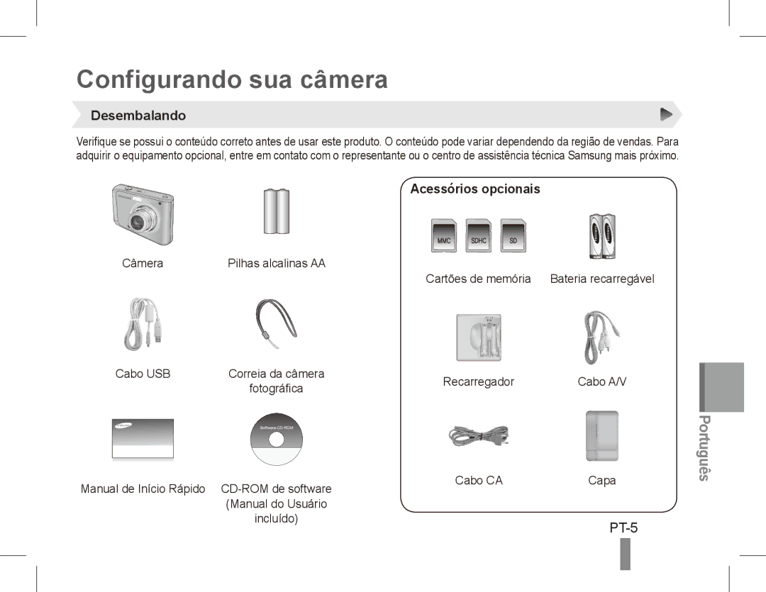 Samsung EC-ES20ZZBAWRU, EC-ES20ZZBASFR, EC-ES20ZZBABE1 manual Configurando sua câmera, Desembalando, Acessórios opcionais 