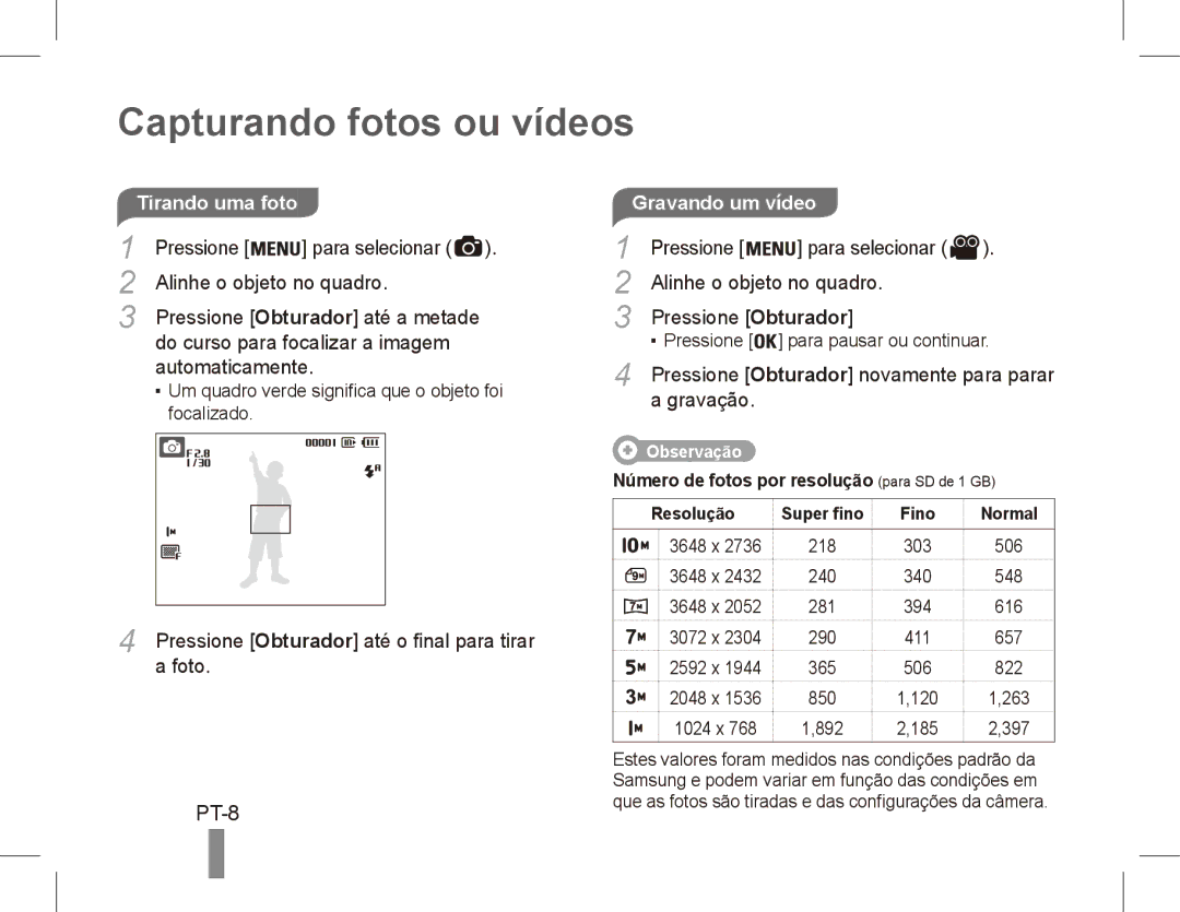 Samsung EC-ES20ZZBAPRU, EC-ES20ZZBASFR, EC-ES20ZZBABE1, EC-ES20ZZBABFR, EC-ES20ZZBAWIT manual Capturando fotos ou vídeos 