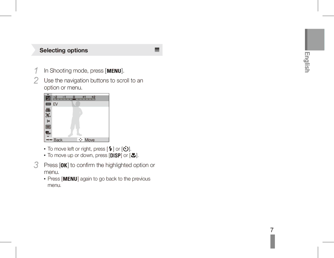 Samsung EC-ES20ZZBABSA, EC-ES20ZZBASFR, EC-ES20ZZBABE1 Selecting options, Shooting mode, press, Option or menu, Press, Menu 