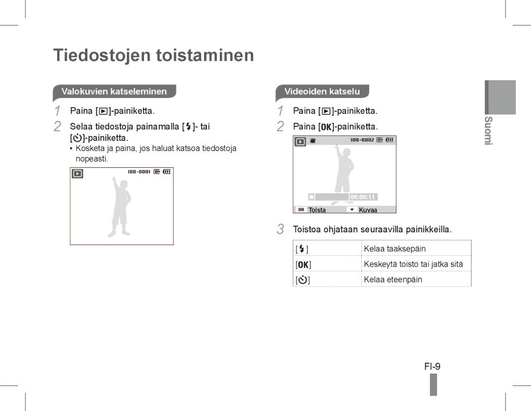 Samsung EC-ES20ZZBAWRU, EC-ES20ZZBASFR manual Tiedostojen toistaminen, FI-9, Valokuvien katseleminen, Paina -painiketta 