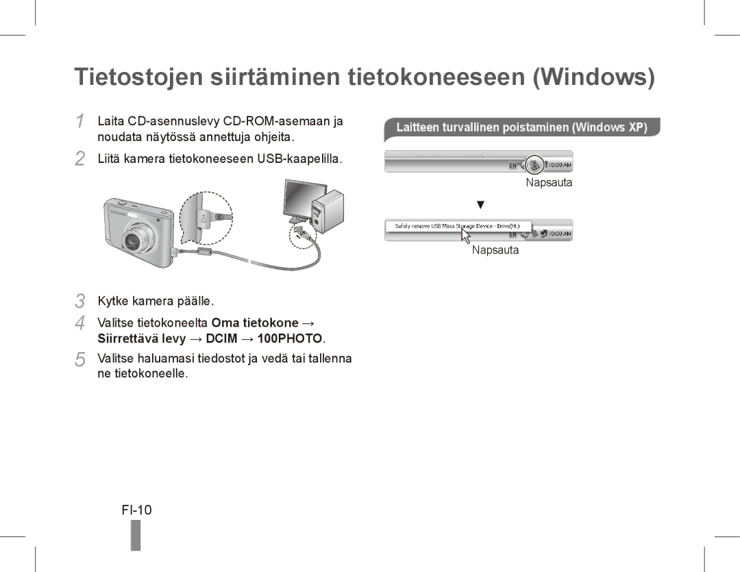 Samsung EC-ES20ZZBABRU Tietostojen siirtäminen tietokoneeseen Windows, FI-10, Laitteen turvallinen poistaminen Windows XP 