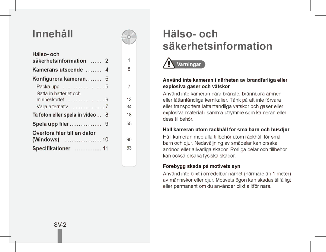 Samsung EC-ES20ZZBAPRU, EC-ES20ZZBASFR manual Innehåll, Hälso- och säkerhetsinformation, SV-2, Överföra filer till en dator 