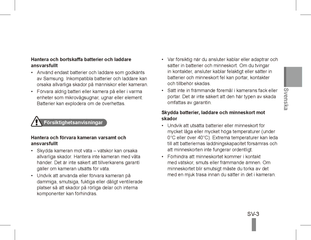 Samsung EC-ES20ZZBASFR manual SV-3, Hantera och bortskaffa batterier och laddare ansvarsfullt, Försiktighetsanvisningar 