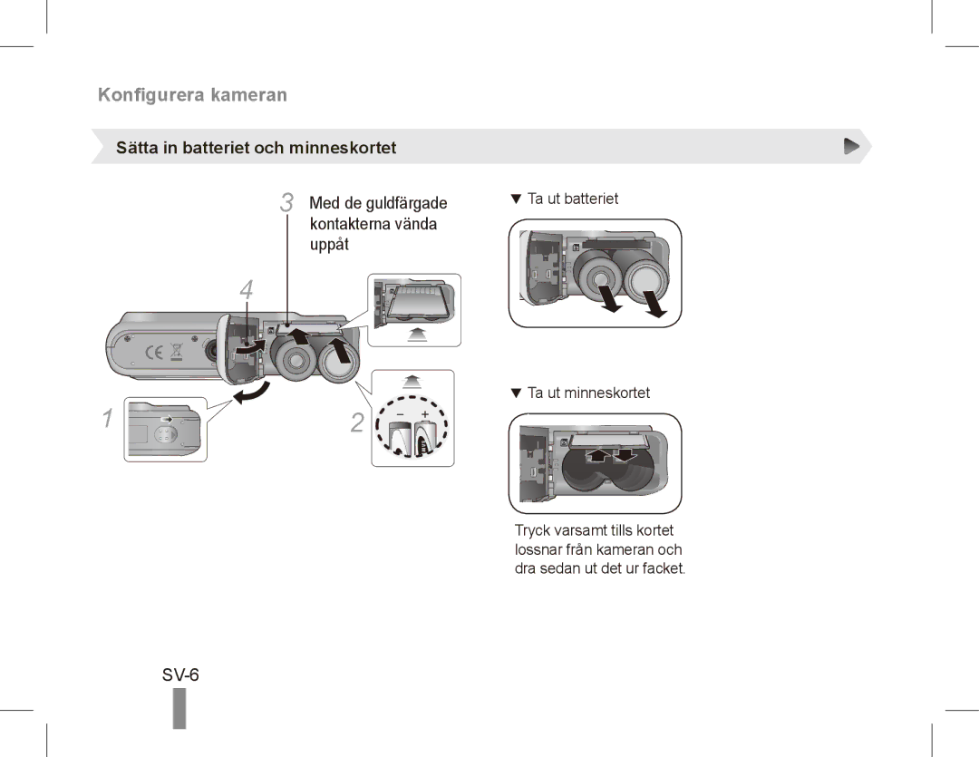 Samsung EC-ES20ZZBAWIT, EC-ES20ZZBASFR, EC-ES20ZZBABE1, EC-ES20ZZBABFR manual SV-6, Sätta in batteriet och minneskortet, Uppåt 