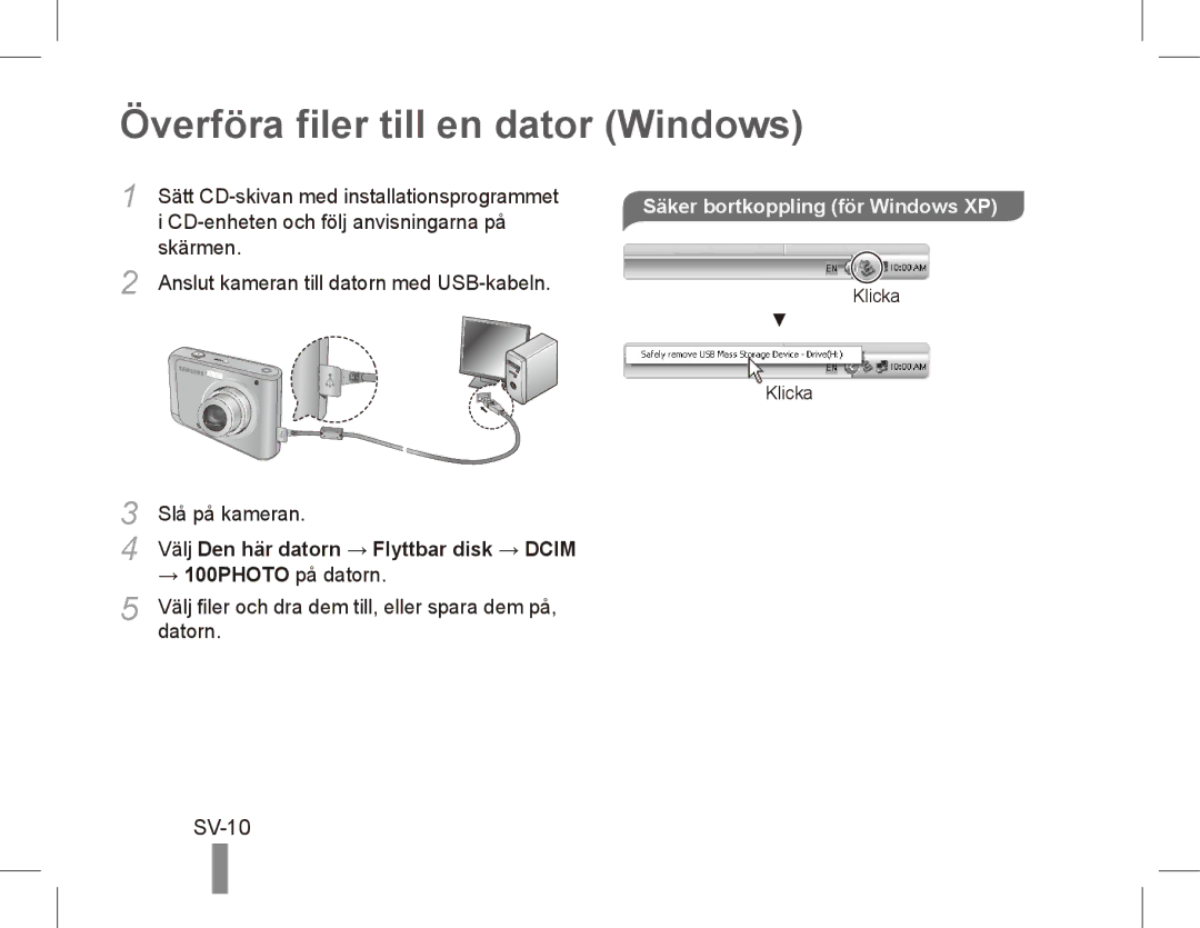 Samsung EC-ES20ZZBABSA, EC-ES20ZZBASFR manual Överföra filer till en dator Windows, SV-10, Säker bortkoppling för Windows XP 