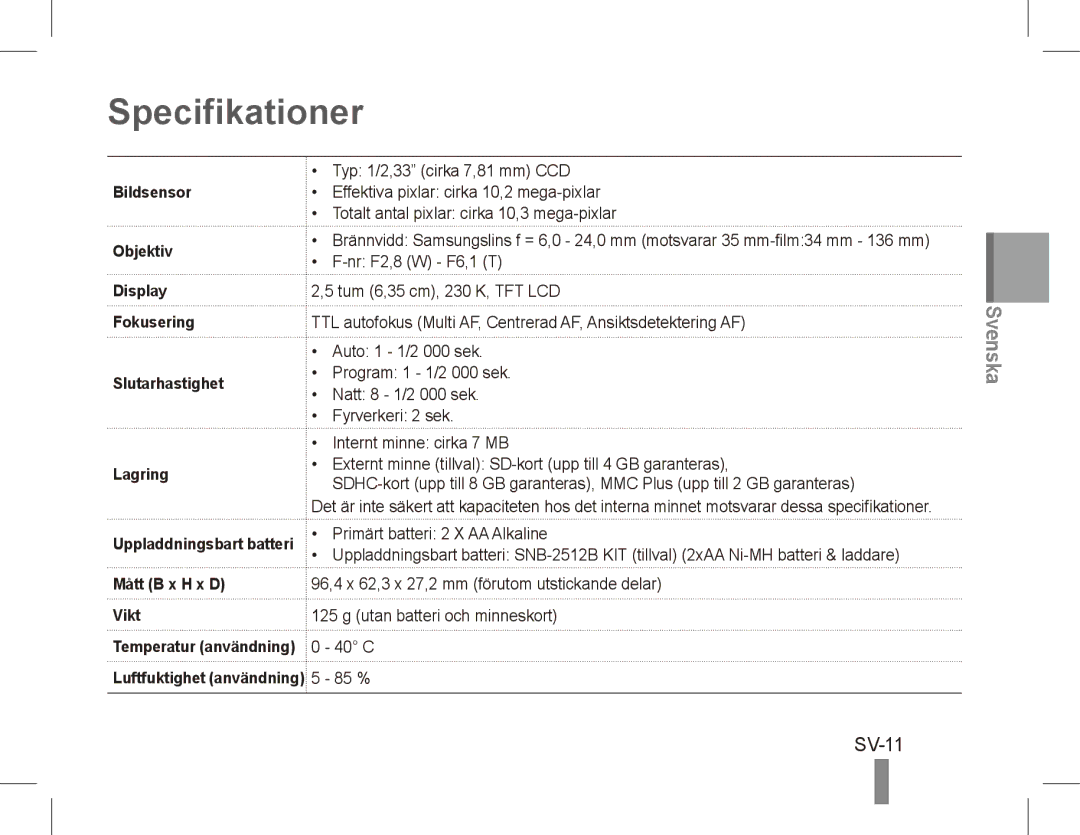 Samsung EC-ES20ZZDABME, EC-ES20ZZBASFR, EC-ES20ZZBABE1, EC-ES20ZZBABFR, EC-ES20ZZBAWIT, EC-ES20ZZBAPIT Specifikationer, SV-11 