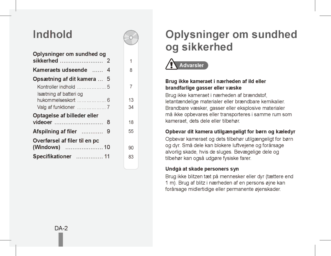 Samsung EC-ES20ZZBASSA, EC-ES20ZZBASFR, EC-ES20ZZBABE1 manual Indhold, Oplysninger om sundhed og sikkerhed, DA-2, Advarsler 