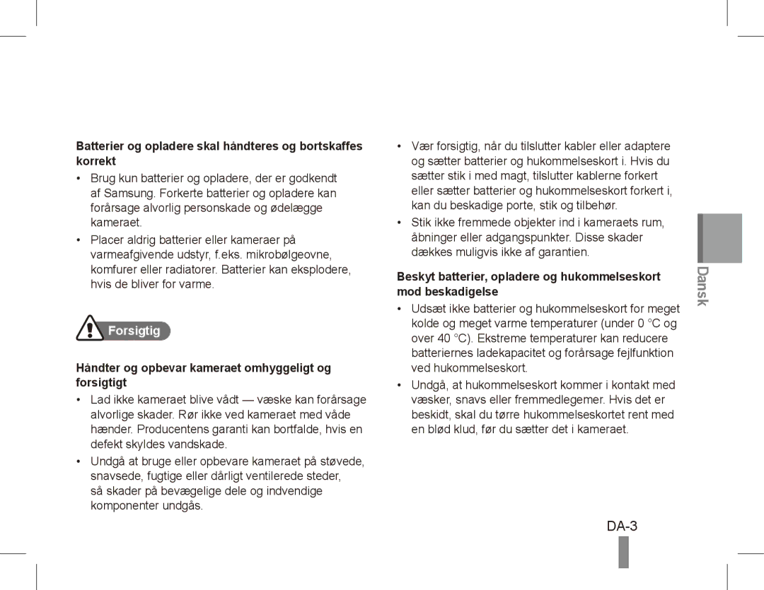 Samsung EC-ES20ZZDASME, EC-ES20ZZBASFR manual DA-3, Batterier og opladere skal håndteres og bortskaffes korrekt, Forsigtig 