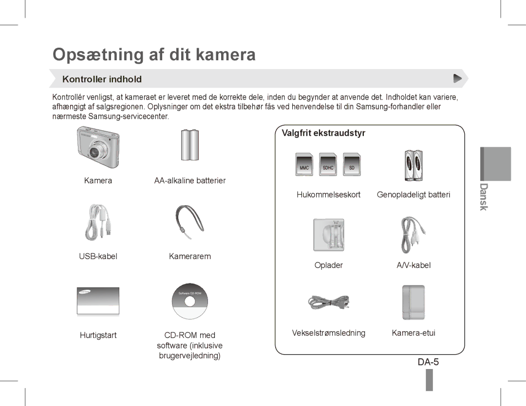 Samsung EC-ES20ZZBASE3, EC-ES20ZZBASFR manual Opsætning af dit kamera, Kontroller indhold, Valgfrit ekstraudstyr, DA-5 